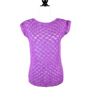 Purple Open Stitch Sweater Short Sleeve Handknit Handmade Small Knit Fall CA123